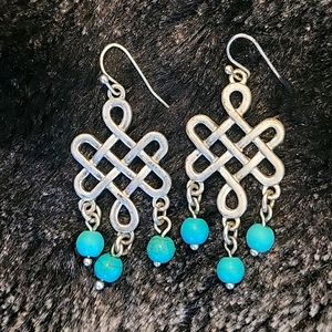 Silver knot Teal ball drop earrings